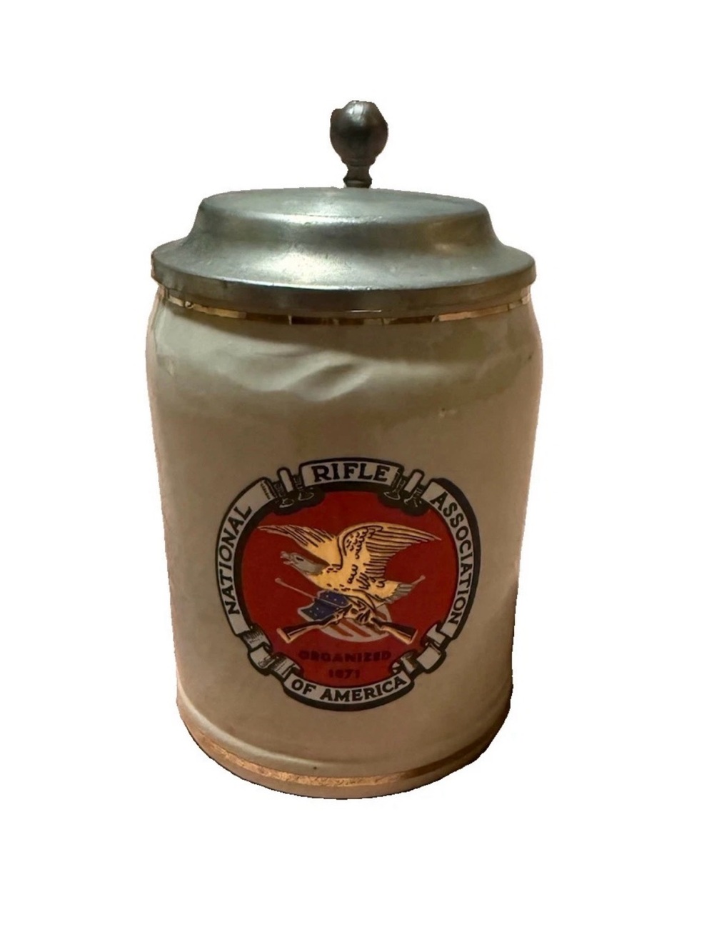 Vintage 1970 National Rifle Association Stoneware Beer Stein Germany Pewter Lid